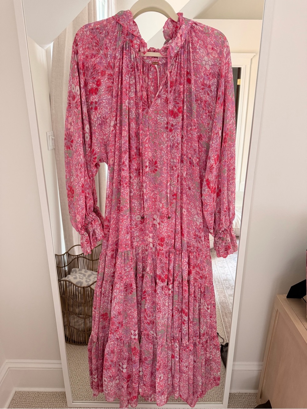 Free People Pink Floral Ruffle Maxi Dress | Boho Tiered Long Sleeve | Size M